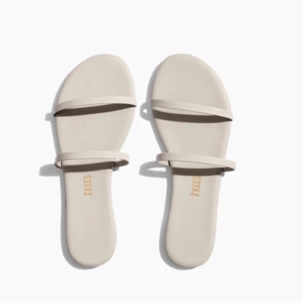 TKEES NEW Gemma Leather Sandals 2 Straps Flats Rubber Sole Slides Neutral Gray 7
